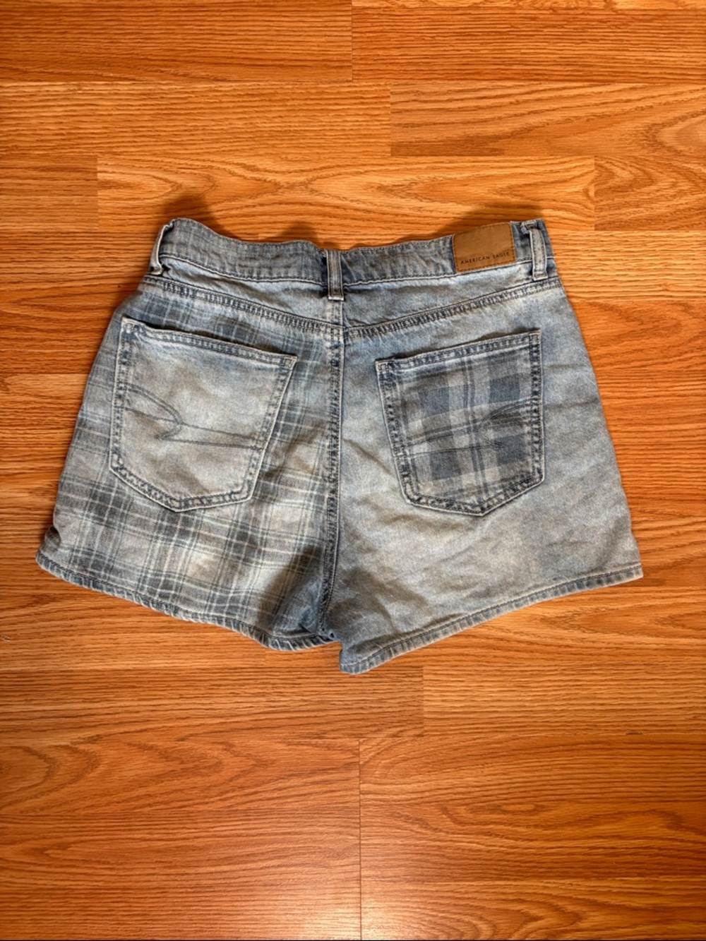 American Eagle Outfitters Light Blue Plaid-Panel Denim Shorts - Picture 2 of 4